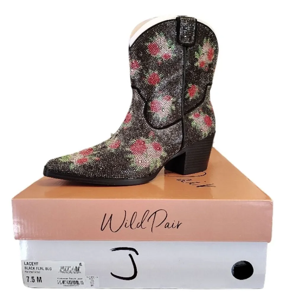 Wild Pair Lacey Black Bling Cowboy Boots SZ 7.5 NWT Pink Floral‎ Festie